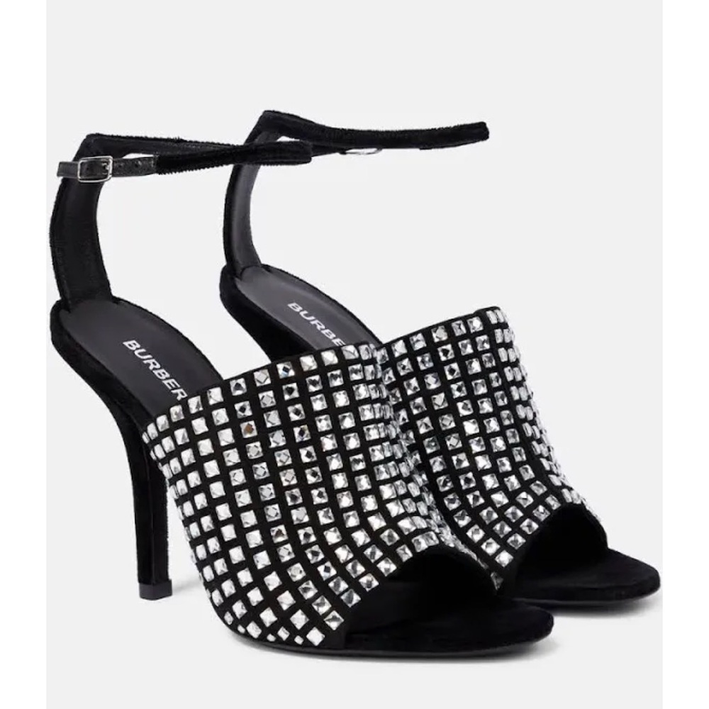 Burberry Ivy Black Velvet Rhinestone Sandals Ankle Strap Heels EU 39/39.5 New